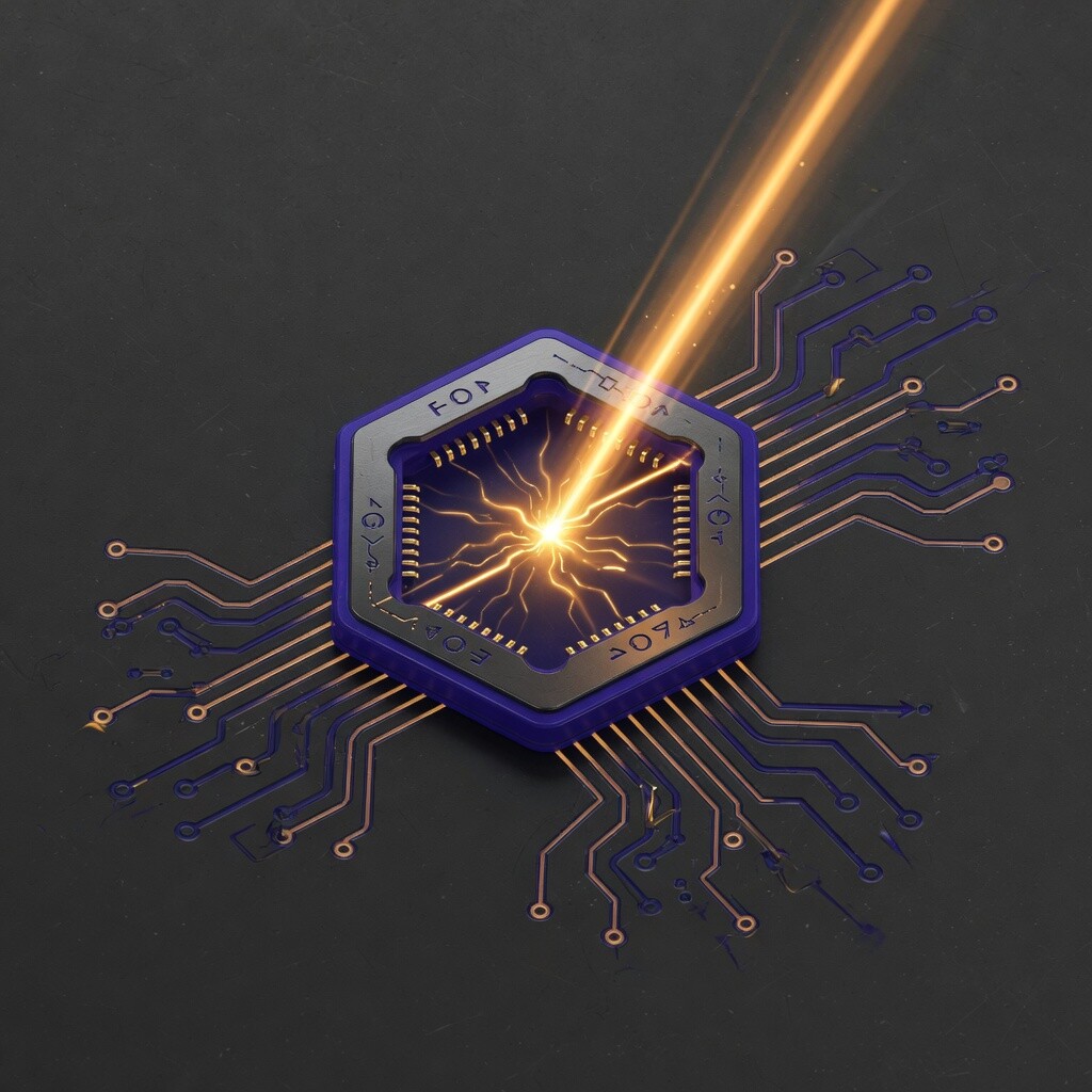 Close view of the indigo hex MCP fitting with copper traces and a focused amber beam hitting the socket core.
