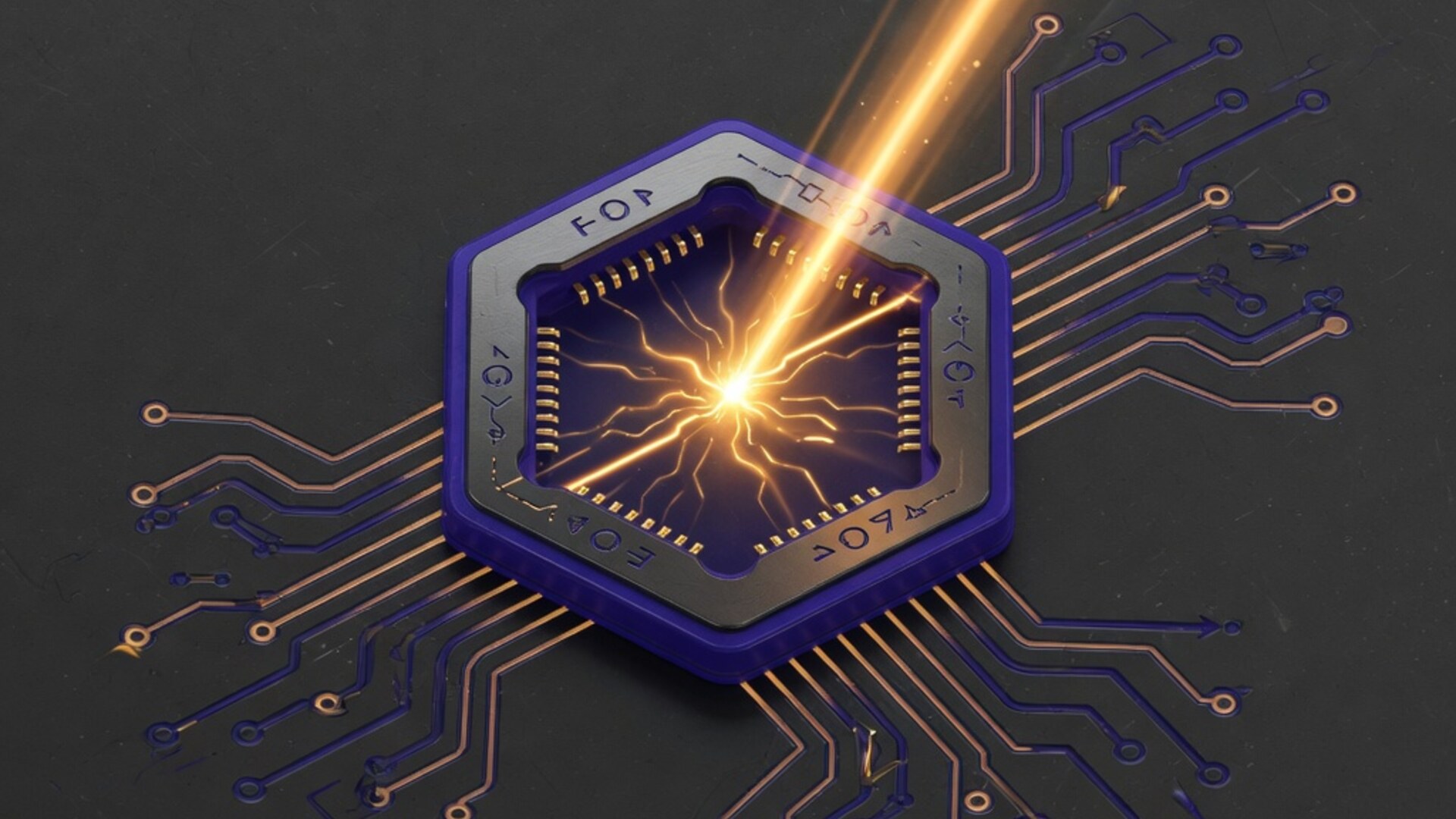 An indigo hexagonal MCP socket on a dark workshop plate, copper circuit traces fanning out, an amber beam striking the live core.